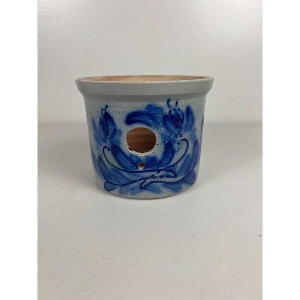 Eldreth Pottery 1999 Salt Glazed Stoneware Berry Bowl Orchid Pot Blue Floral PA